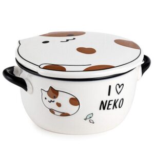 ceramic bowl with lid, i love neko lucky cat design microwavable dish, 5 3/4 inches