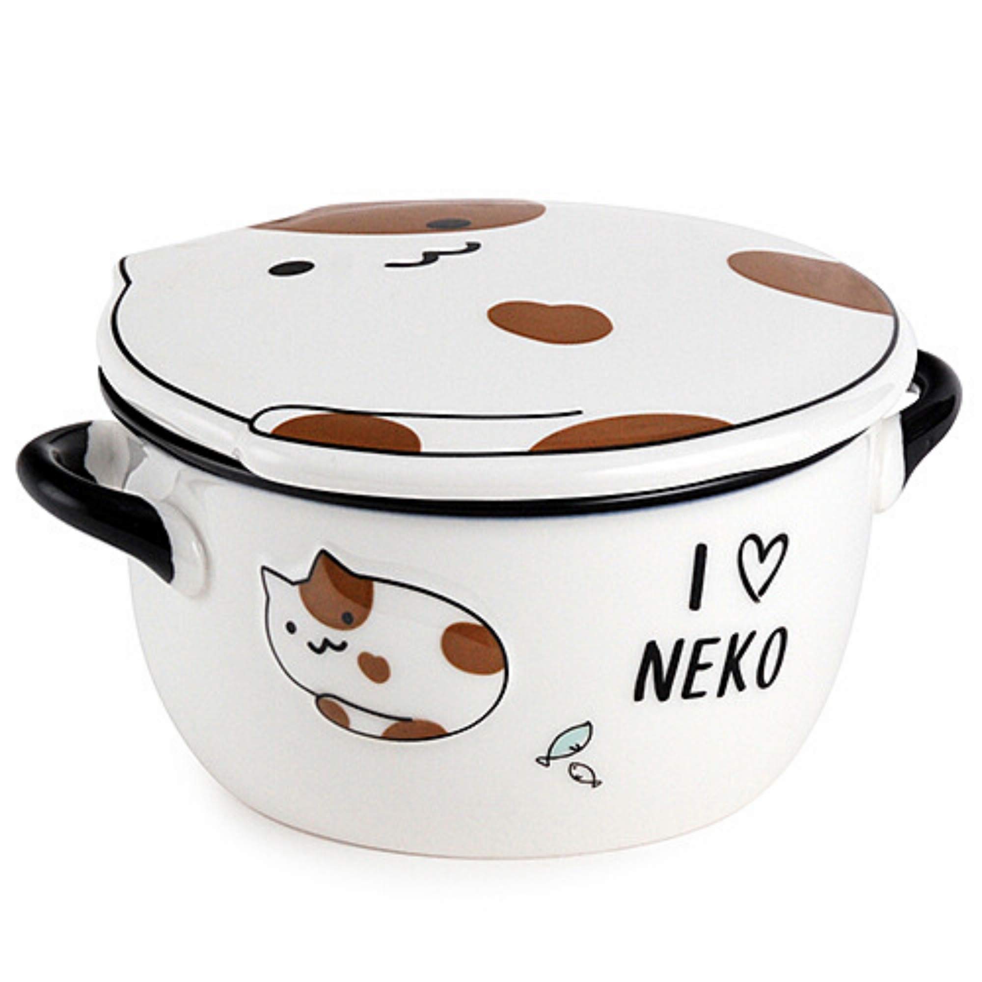 Ceramic Bowl with Lid, I Love Neko Lucky Cat Design Microwavable Dish, 5 3/4 Inches