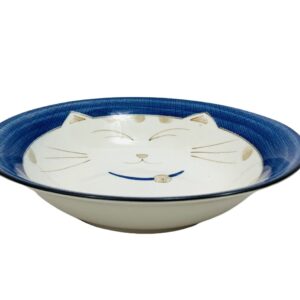 JapanBargain 2563, Japanese Porcelain Coupe Bowl Soup Bowl Cereal Bowl Salad Bowl, Blue Color Maneki Neko Smiling Lucky Cat Pattern, Made in Japan, 8.5-inch Diameter