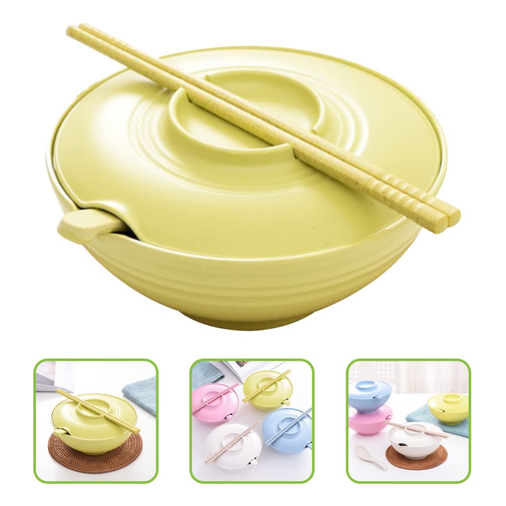 Hemoton Japanese Ramen Bowl Kitchen Serving Bowl Noodle Soup Bowl Miso Rice Bowls with Lid Spoon and Chopsticks for Pasta Cereal Fruit Mixing Bowl Green