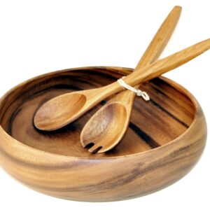 PACIFIC MERCHANTS Acaciaware Acacia Wood 10" x 4" Round, Sustainable, Eco-Friendly, Salad Bowl with Salad Servers, Wooden Salad Bowl