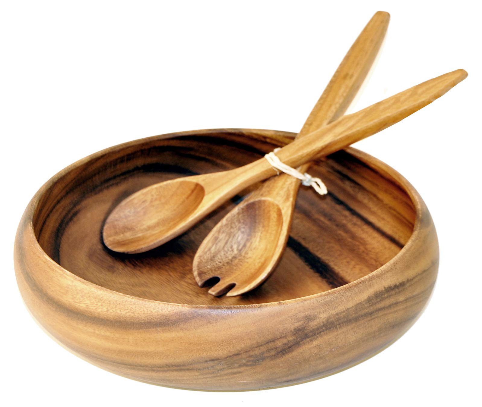 PACIFIC MERCHANTS Acaciaware Acacia Wood 10" x 4" Round, Sustainable, Eco-Friendly, Salad Bowl with Salad Servers, Wooden Salad Bowl