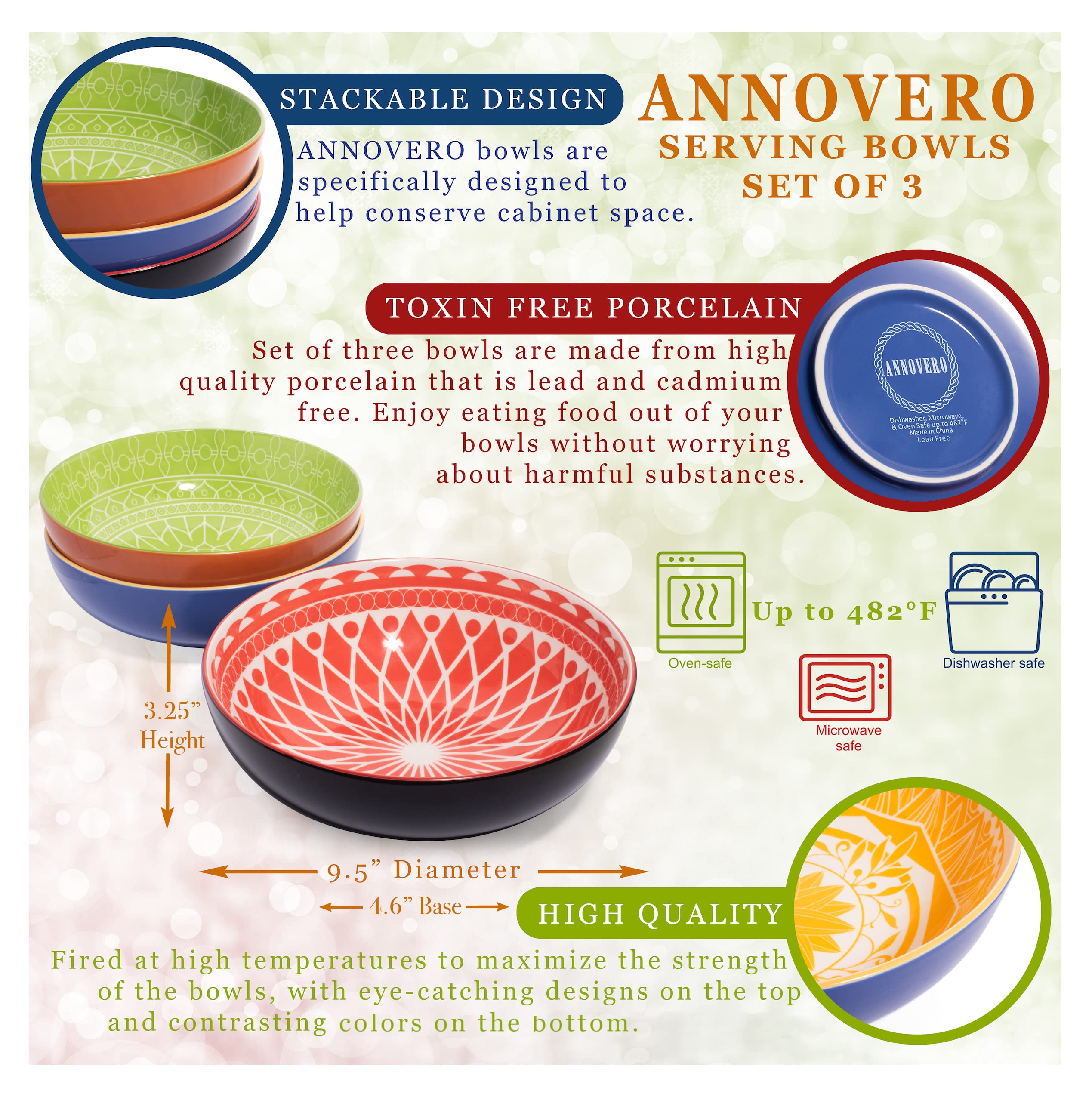 Annovero Cereal Bowls, Dessert Bowls, Serving Bowls, Pasta Bowls. Cute and Colorful Porcelain Dishes for Kitchen, Microwave and Oven Safe. Bundle