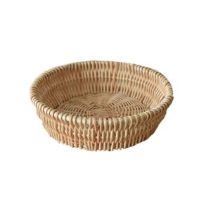 healthy fresh rattan basket 100% natural handwoven deep wicker round fruit basket woven food storage weaved u organizer holder bowl decor rack display small flat bottom hollow weaving (small)