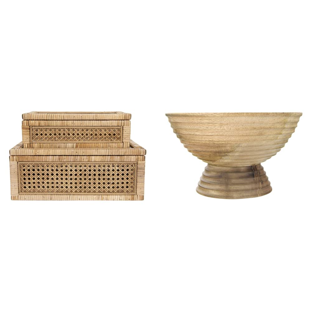 Creative Co-Op Rattan Display Boxes with Glass Top (Set of 2 Sizes) and Mango Wood Footed Bowl