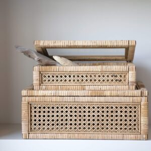 Creative Co-Op Rattan Display Boxes with Glass Top (Set of 2 Sizes) and Mango Wood Footed Bowl