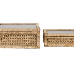 Creative Co-Op Rattan Display Boxes with Glass Top (Set of 2 Sizes) and Mango Wood Footed Bowl