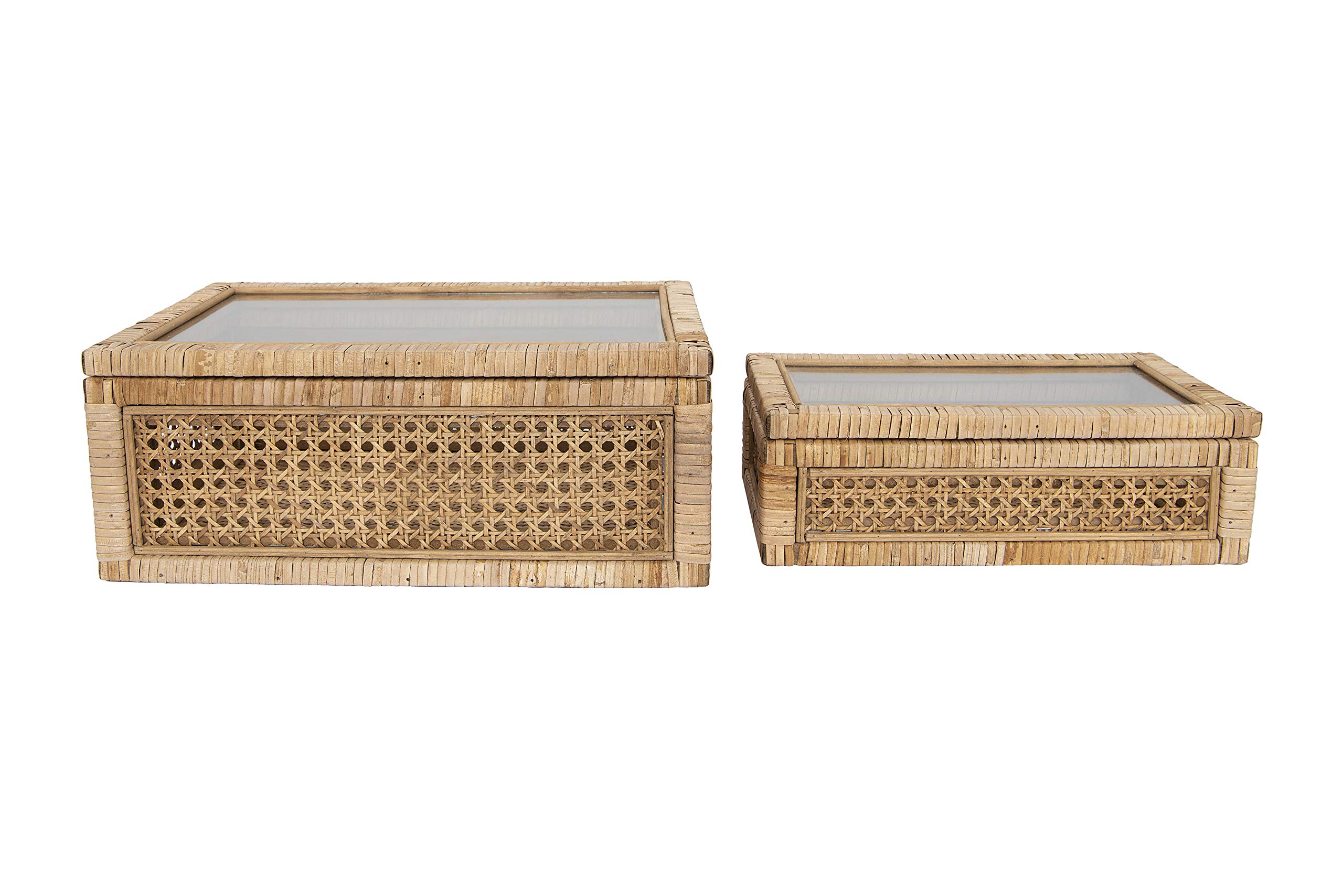 Creative Co-Op Rattan Display Boxes with Glass Top (Set of 2 Sizes) and Mango Wood Footed Bowl