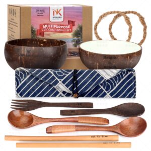 nonaka coconut bowl set - wooden smoothie bowls and spoons are perfect for your dinnerware - coconut bowls and wooden spoon sets contain fork, soup spoons, bamboo straw & cutlery carrying pouch