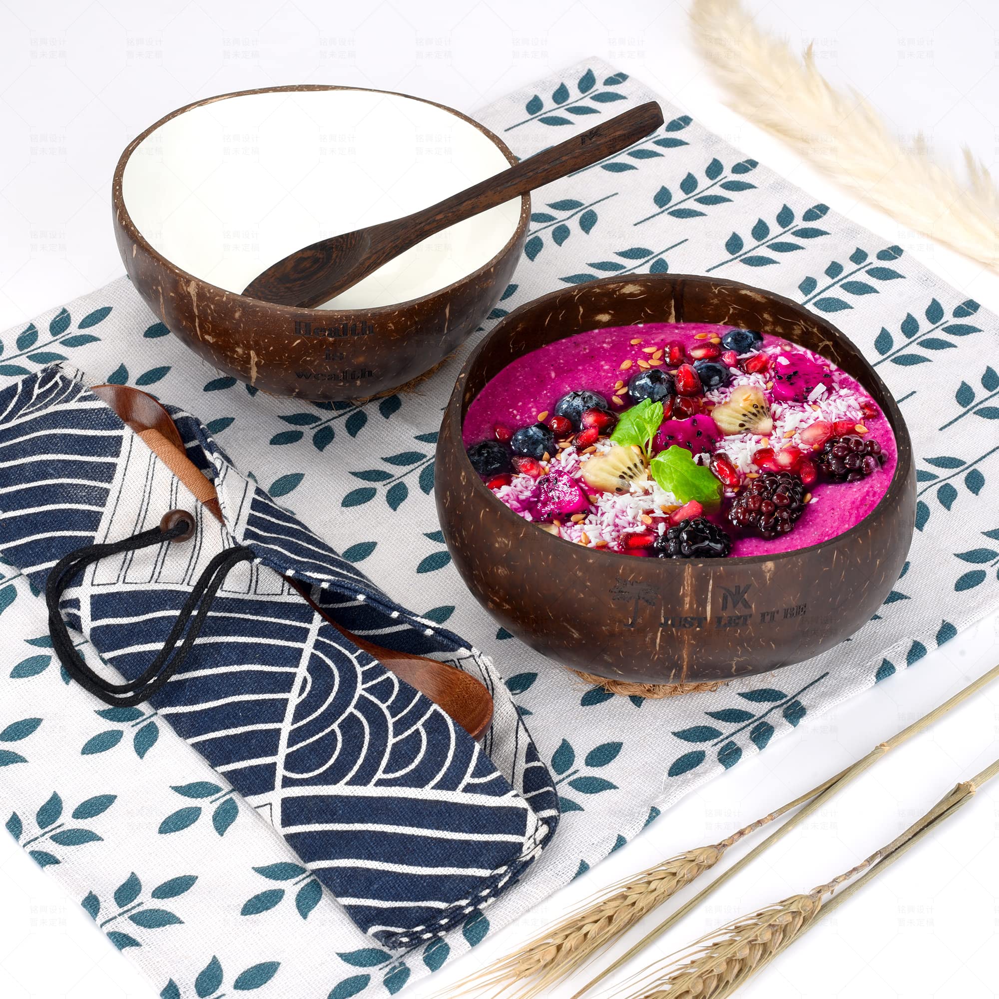 Nonaka Coconut Bowl Set - Wooden Smoothie Bowls And Spoons Are Perfect For Your Dinnerware - Coconut Bowls And Wooden Spoon Sets Contain Fork, Soup Spoons, Bamboo Straw & Cutlery Carrying Pouch