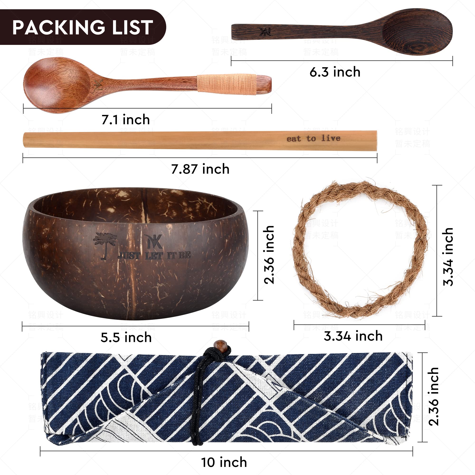 Nonaka Coconut Bowl Set - Wooden Smoothie Bowls And Spoons Are Perfect For Your Dinnerware - Coconut Bowls And Wooden Spoon Sets Contain Fork, Soup Spoons, Bamboo Straw & Cutlery Carrying Pouch