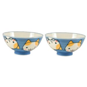 needzo cat japanese rice bowl, small blue ceramic dish for appetizers and sides, ramen and soup bowls, set of 2, 4 inches
