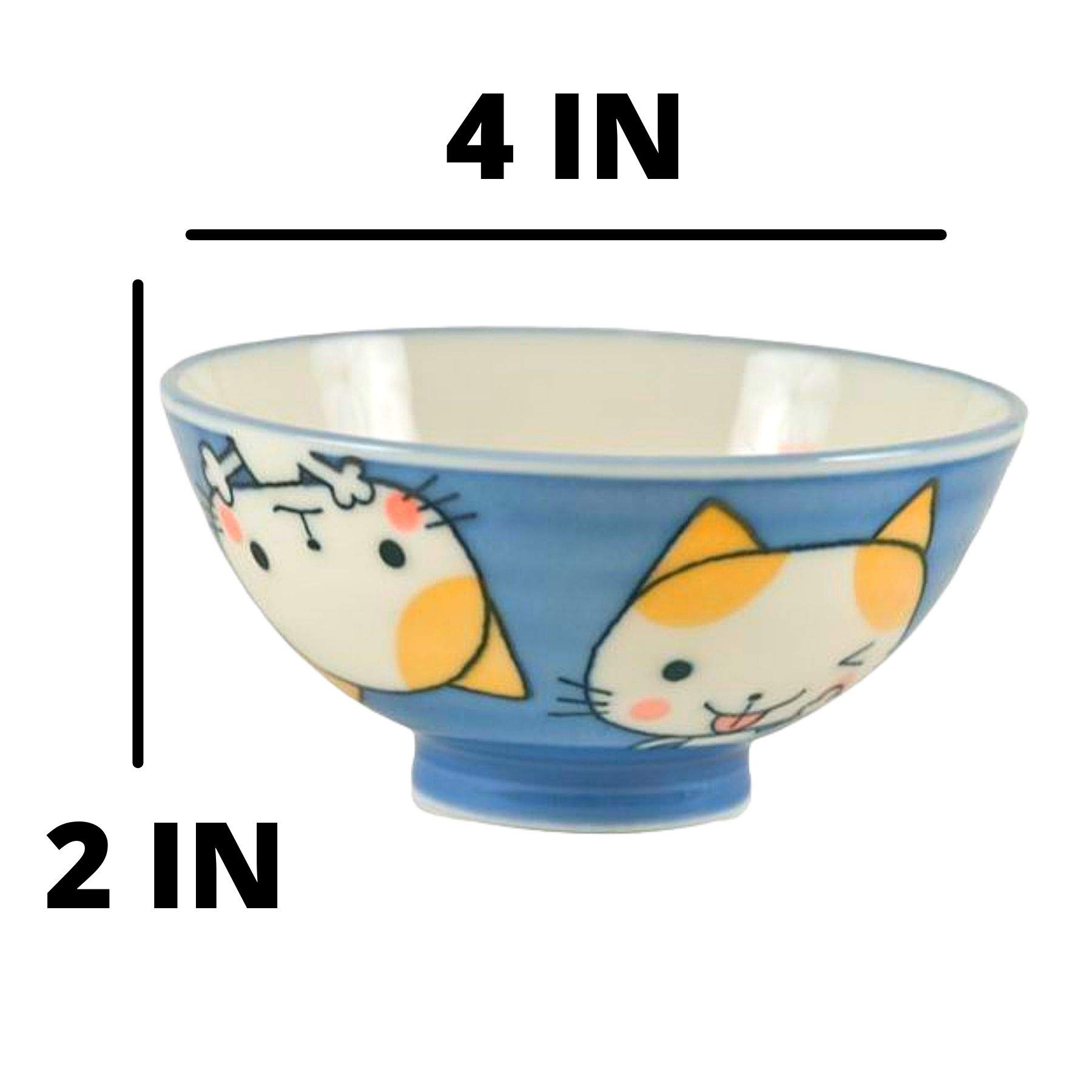 Needzo Cat Japanese Rice Bowl, Small Blue Ceramic Dish for Appetizers and Sides, Ramen and Soup Bowls, Set of 2, 4 Inches