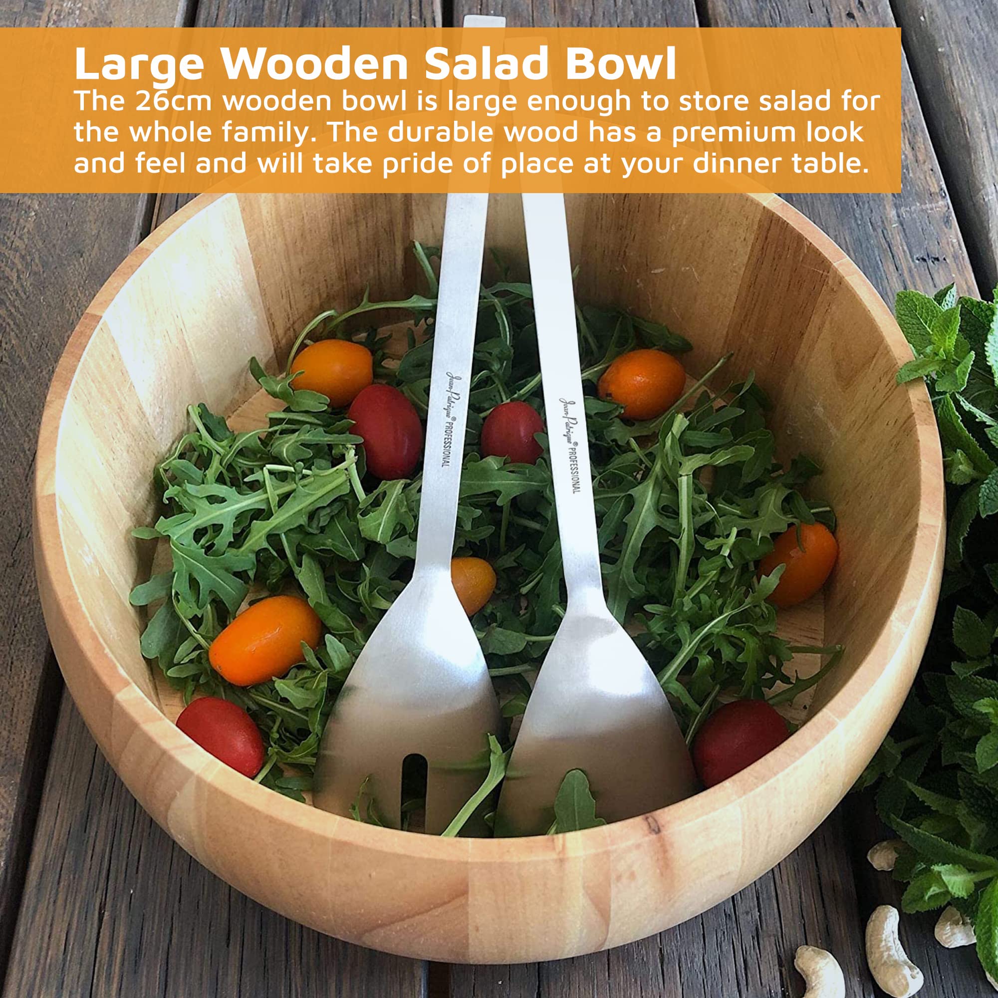 Jean-Patrique Large Salad Bowl Set, Large Wooden Salad Bowls with Serving Utensils, Wooden Mixing Bowl Perfect for Salads, Fruits, Pasta From