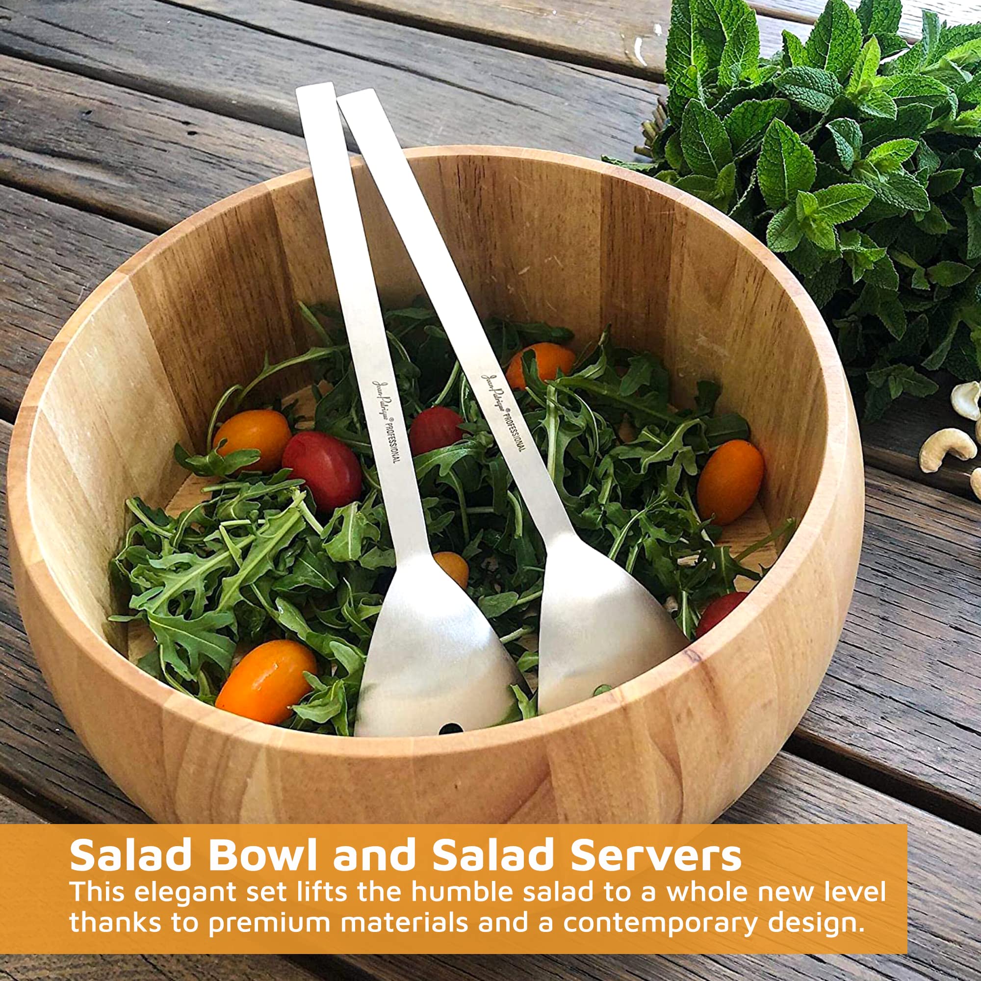 Jean-Patrique Large Salad Bowl Set, Large Wooden Salad Bowls with Serving Utensils, Wooden Mixing Bowl Perfect for Salads, Fruits, Pasta From