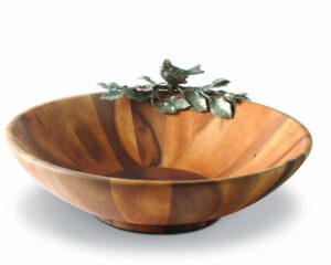 vagabond house acacia wood large salad serving bowl with pewter song bird 16 inch diameter x 6 inch tall