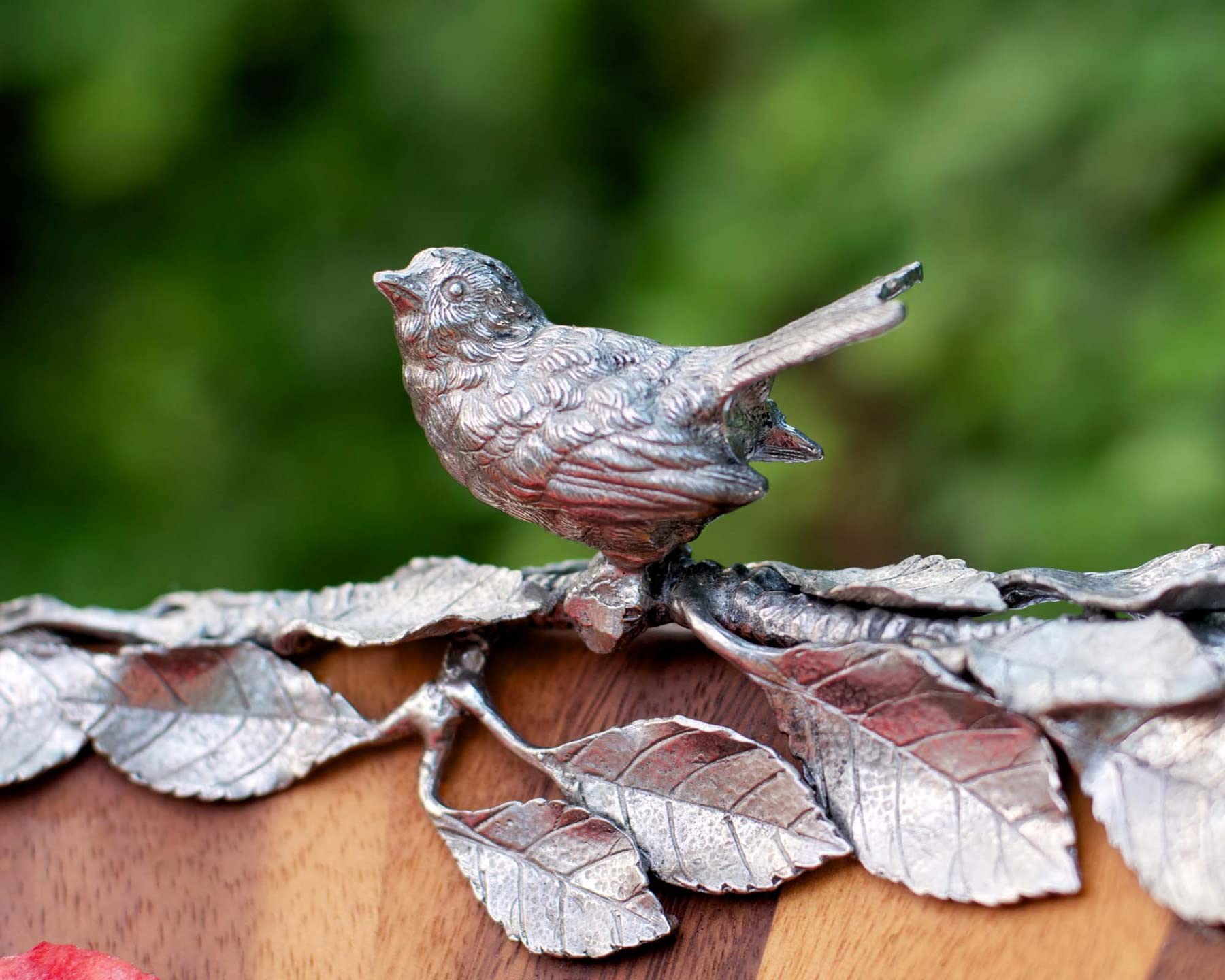 Vagabond House Acacia Wood Large Salad Serving Bowl with Pewter Song Bird 16 inch Diameter x 6 inch Tall