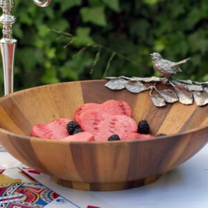 Vagabond House Acacia Wood Large Salad Serving Bowl with Pewter Song Bird 16 inch Diameter x 6 inch Tall