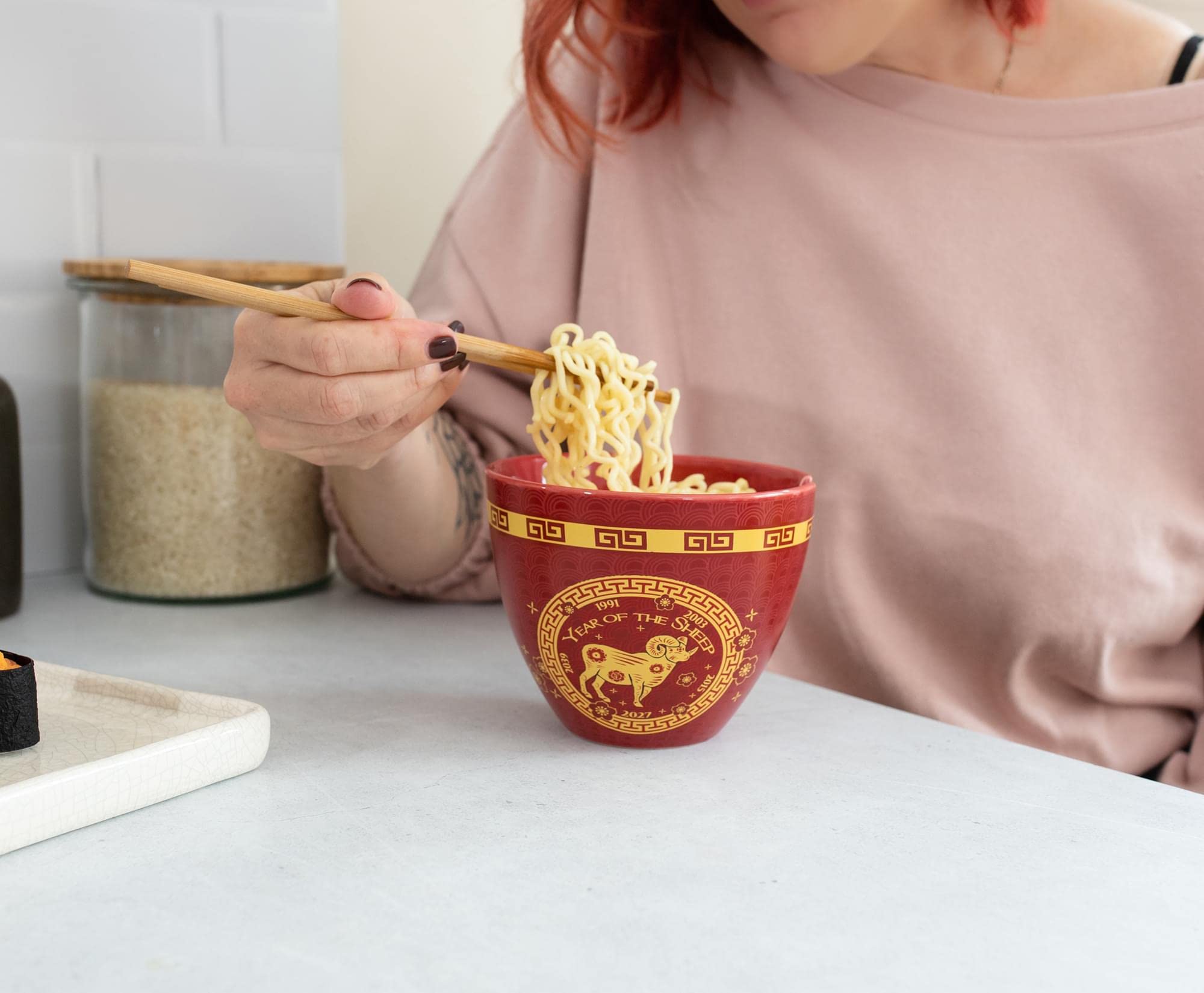 Boom Trendz Year Of The Sheep Chinese Zodiac Ceramic Dinnerware Set Includes 16 Ounce Ramen Noodle Bowl and Red One Size