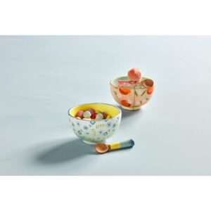 Mud Pie Floral Dip Dish Set, Pink, bowl 3" x 5"dia | spoon 1.2" x 4"