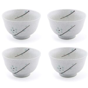 Hinomaru Collection Japanese Oriental Style 10 fl oz Porcelain Bowl Set 4.5" D Ochawan Rice Bowl Set of 4 Multi Purpose Tableware (White Snow)