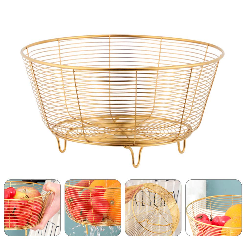 Hemoton Iron Fruit Bowl Fruit Dish Basket Metal Wire Vegetable Bowl Mesh Countertop Fruit Holder Bowl for Kitchen Counter Modern Gold