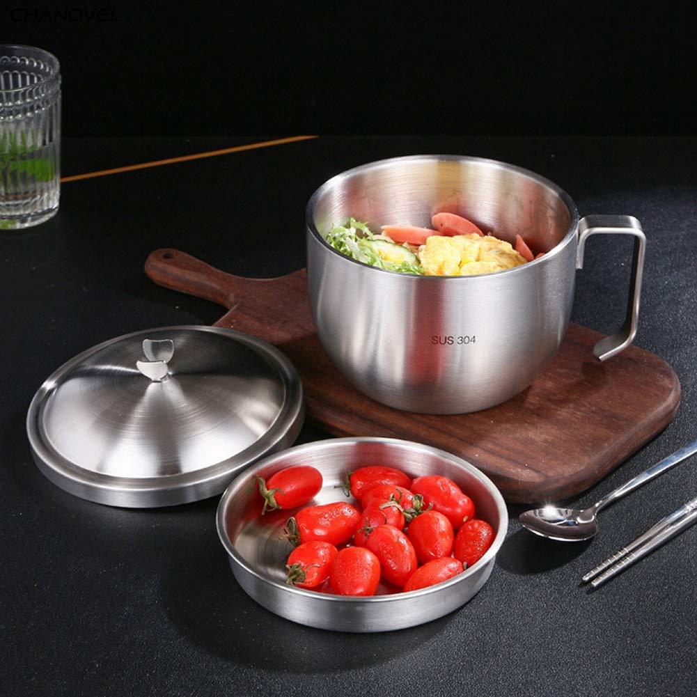 Stainless Steel Noodle Bowl With Dual-Used Cover and Wide Handle Double‑Layer Insulated Large Capacity Soup Bowls for Soup,Noodles,Gravies,Pasta,Milk Can Heat Directly 1000Ml Silver