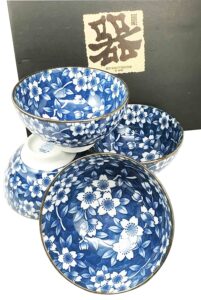 made in japan blue multi pattern glazed ceramic rice meal soup dining bowl set 4.5" diameter serves four great gift housewarming asian living home decor kitchen accessory serving dishware