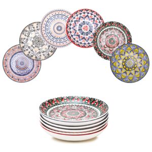 Kitchenexus Ceramic Pasta Bowls Set of 6 30oz Large Salad Bowl Wide and Shallow Porcelain Salad Pasta Dishes Colorful Patterns Serving Plates and Bowls for Pasta, Salad, Cereal, Soup