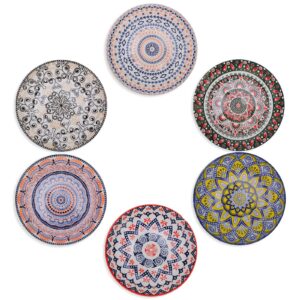 Kitchenexus Ceramic Pasta Bowls Set of 6 30oz Large Salad Bowl Wide and Shallow Porcelain Salad Pasta Dishes Colorful Patterns Serving Plates and Bowls for Pasta, Salad, Cereal, Soup