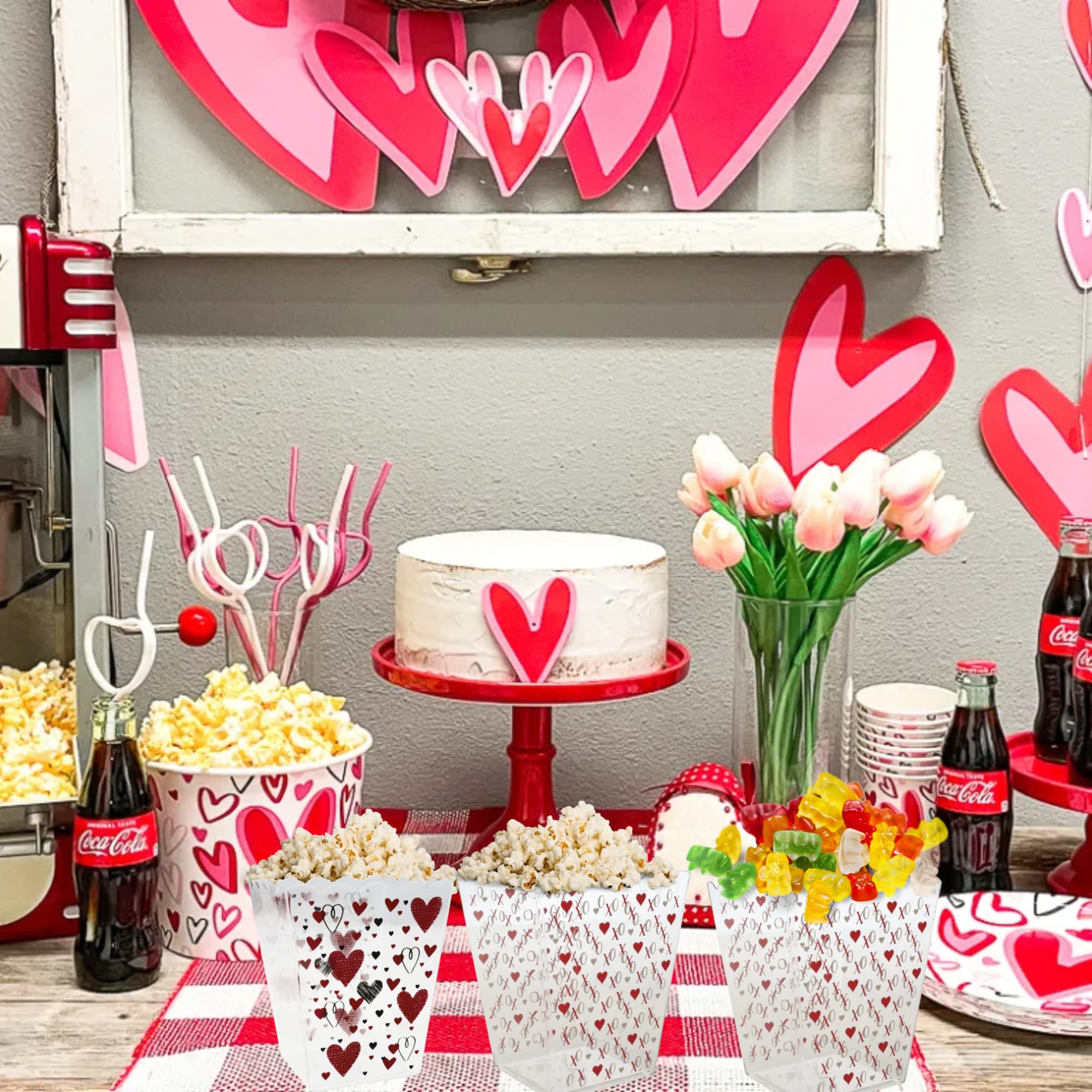 GS Valentine's Day Popcorn Buckets, Hearts Treat Candy Tub, Reusable Decorative Cups for Home Movie Nights Concession Holiday Carnival Wedding Birthday Themed Party Decor 4 Pieces with HFW Bonus Gift