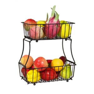 vanlamni 2 tier wire fruit storage basket for kitchen countertop, bread vegetable snack fruit storage basket, black