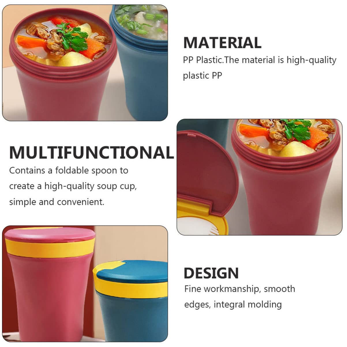 Cabilock Portable Soup Mug Soup Cup with Spoon Insulated Food Container Microwave Soup Mug with Lid Lunch Flask Oatmeal Bowls Microwave Safe Leakproof Travel Plastic Pp Food Jar