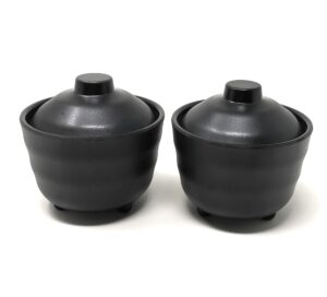 asian home japanese rice and soup bowls with lid, all black, melamine hard plastic, for rice, miso soup, 4.72" x 3.94", 10 oz. (2 bowls)