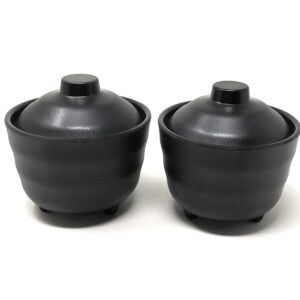 Asian Home Japanese Rice and Soup Bowls With Lid, All Black, Melamine Hard Plastic, for rice, miso soup, 4.72" x 3.94", 10 oz. (2 Bowls)