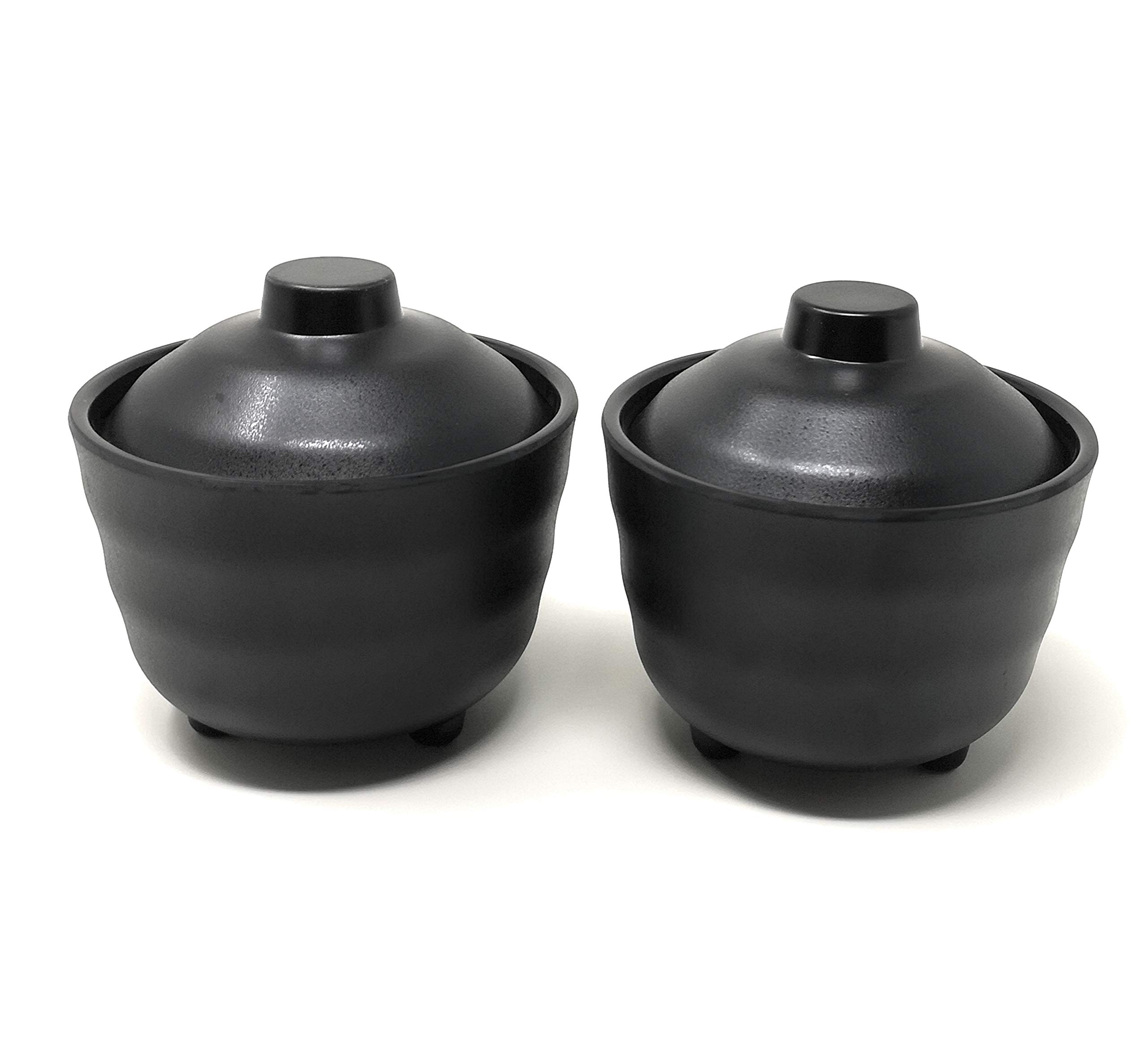 Asian Home Japanese Rice and Soup Bowls With Lid, All Black, Melamine Hard Plastic, for rice, miso soup, 4.72" x 3.94", 10 oz. (2 Bowls)