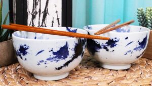 ebros gift made in japan blue splash paint abstract art design porcelain bowls with bamboo chopsticks set of 2 for salad ramen pho soup cereal home kitchen decorative japanese artistic bowl