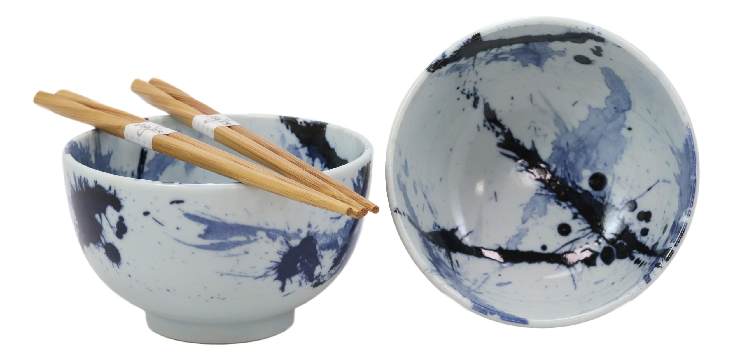 Ebros Gift Made In Japan Blue Splash Paint Abstract Art Design Porcelain Bowls With Bamboo Chopsticks Set Of 2 For Salad Ramen Pho Soup Cereal Home Kitchen Decorative Japanese Artistic Bowl