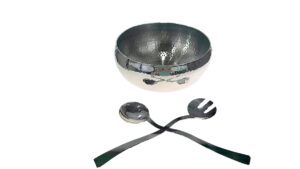 3pc hammered salad bowl with 2 serving utensils - complete with matching oversized spoon and fork - use as a salad bowl, fruit bowl or even for pasta - elegant and stylish serving bowl