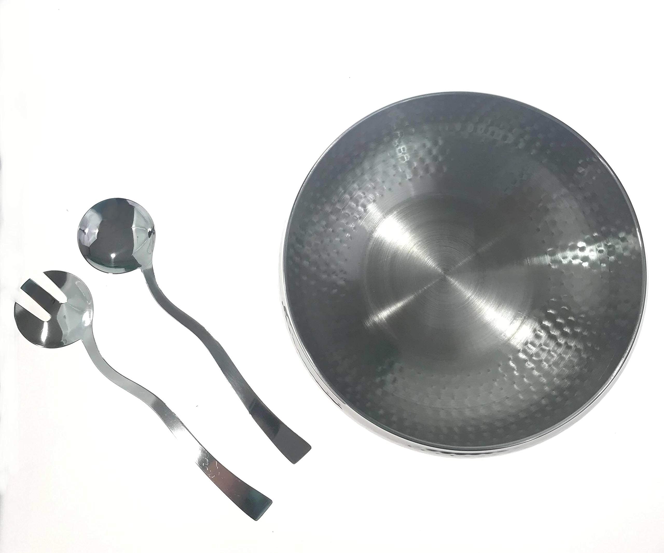 3pc Hammered Salad Bowl with 2 Serving Utensils - Complete With Matching Oversized Spoon and Fork - Use as a Salad Bowl, Fruit Bowl or Even for Pasta - Elegant and Stylish Serving Bowl