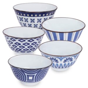 creekview home emporium ceramic bowl set - 5pc blue and white 10oz glass small serving bowls for eating or decoration