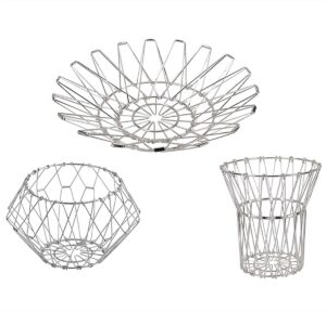 huaqinghua fruit basket, decorative bowl, flexible stainess steel wire basket transforming, arts storage or holder vegetable bread snacks for counters, kitchen, living room (1 pcs) sliver