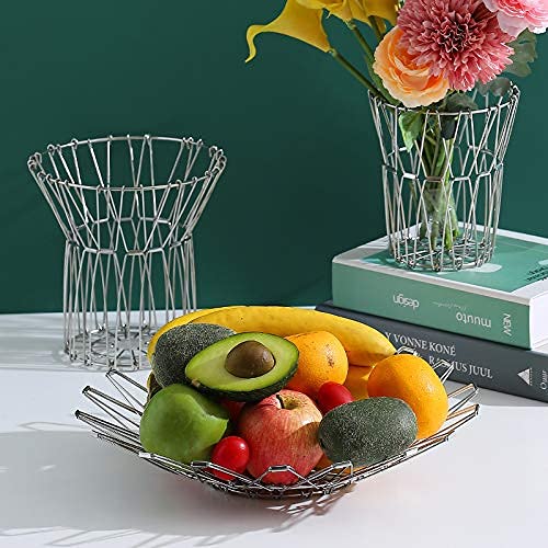 huaqinghua Fruit Basket, Decorative Bowl, Flexible Stainess Steel Wire Basket Transforming, Arts Storage or Holder Vegetable Bread Snacks for Counters, Kitchen, Living Room (1 PCS) Sliver