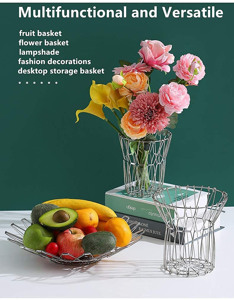 huaqinghua Fruit Basket, Decorative Bowl, Flexible Stainess Steel Wire Basket Transforming, Arts Storage or Holder Vegetable Bread Snacks for Counters, Kitchen, Living Room (1 PCS) Sliver