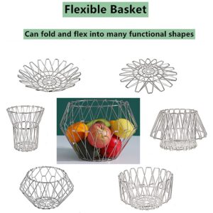 huaqinghua Fruit Basket, Decorative Bowl, Flexible Stainess Steel Wire Basket Transforming, Arts Storage or Holder Vegetable Bread Snacks for Counters, Kitchen, Living Room (1 PCS) Sliver