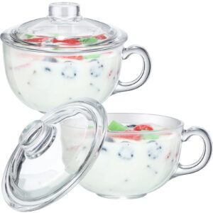 2 pcs transparent ramen bowl with lid and handle, microwave safe glass mixing pot for cooking, cereal, breakfast, noodles soup cereals fruits (600 ml/ 20 oz)