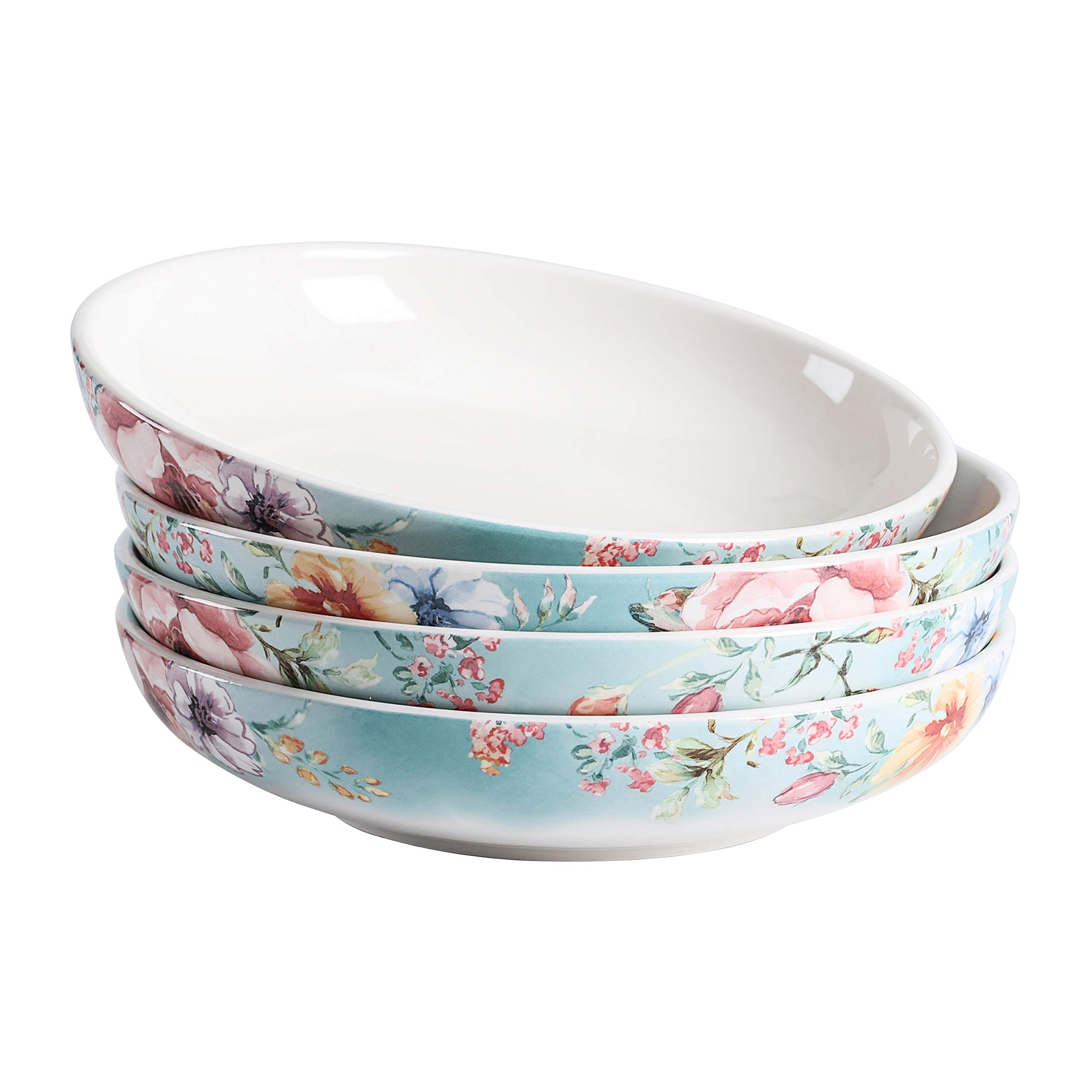 Bico Margret's Garden Ceramic 35oz Dinner Bowls, Set of 4, for Pasta, Salad, Cereal, Soup & Microwave & Dishwasher Safe