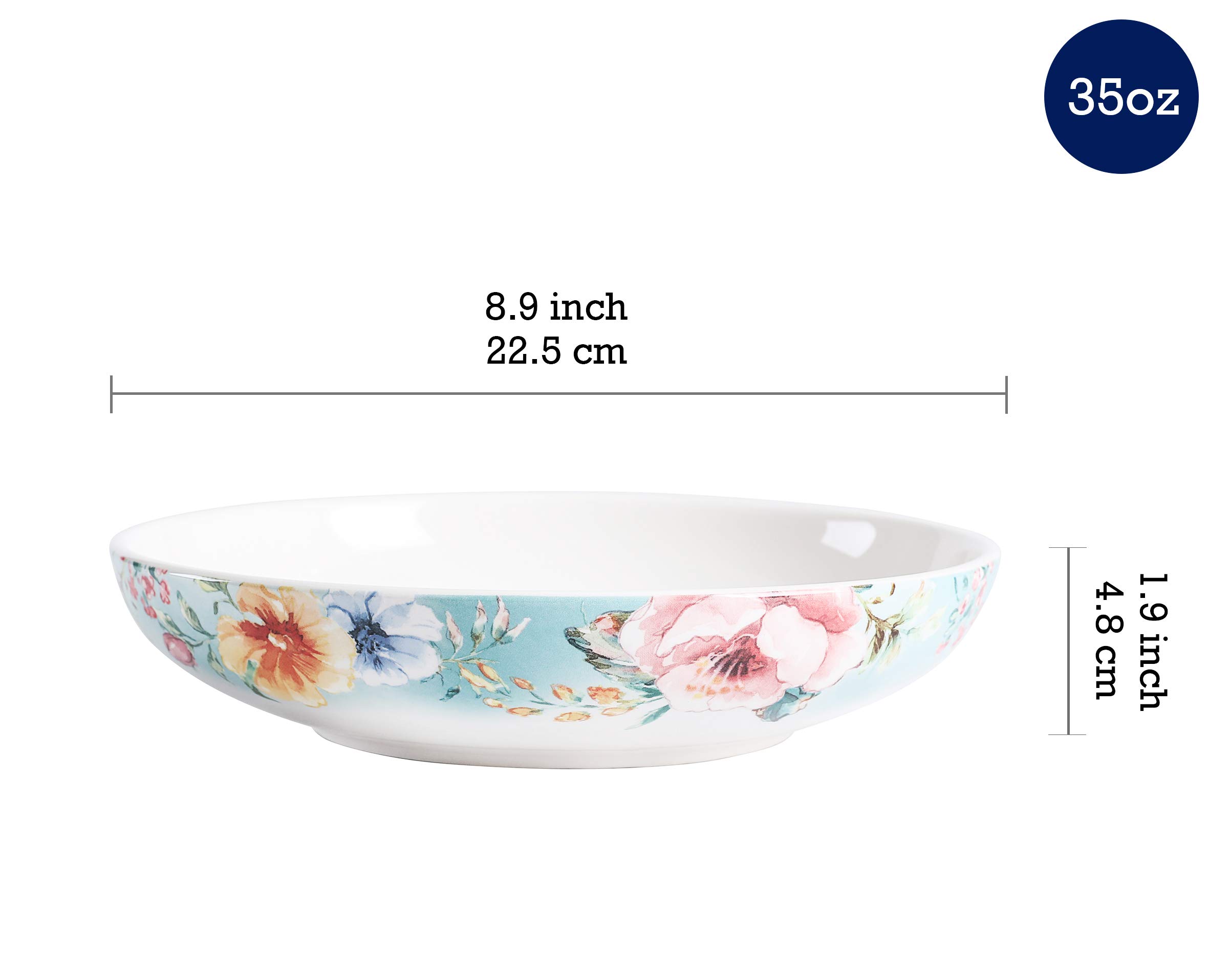 Bico Margret's Garden Ceramic 35oz Dinner Bowls, Set of 4, for Pasta, Salad, Cereal, Soup & Microwave & Dishwasher Safe