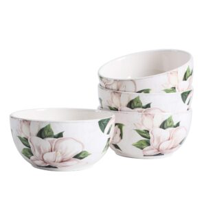 bico magnolia floral ceramic bowls set of 4, 26oz, for pasta, salad, cereal, soup & microwave & dishwasher safe