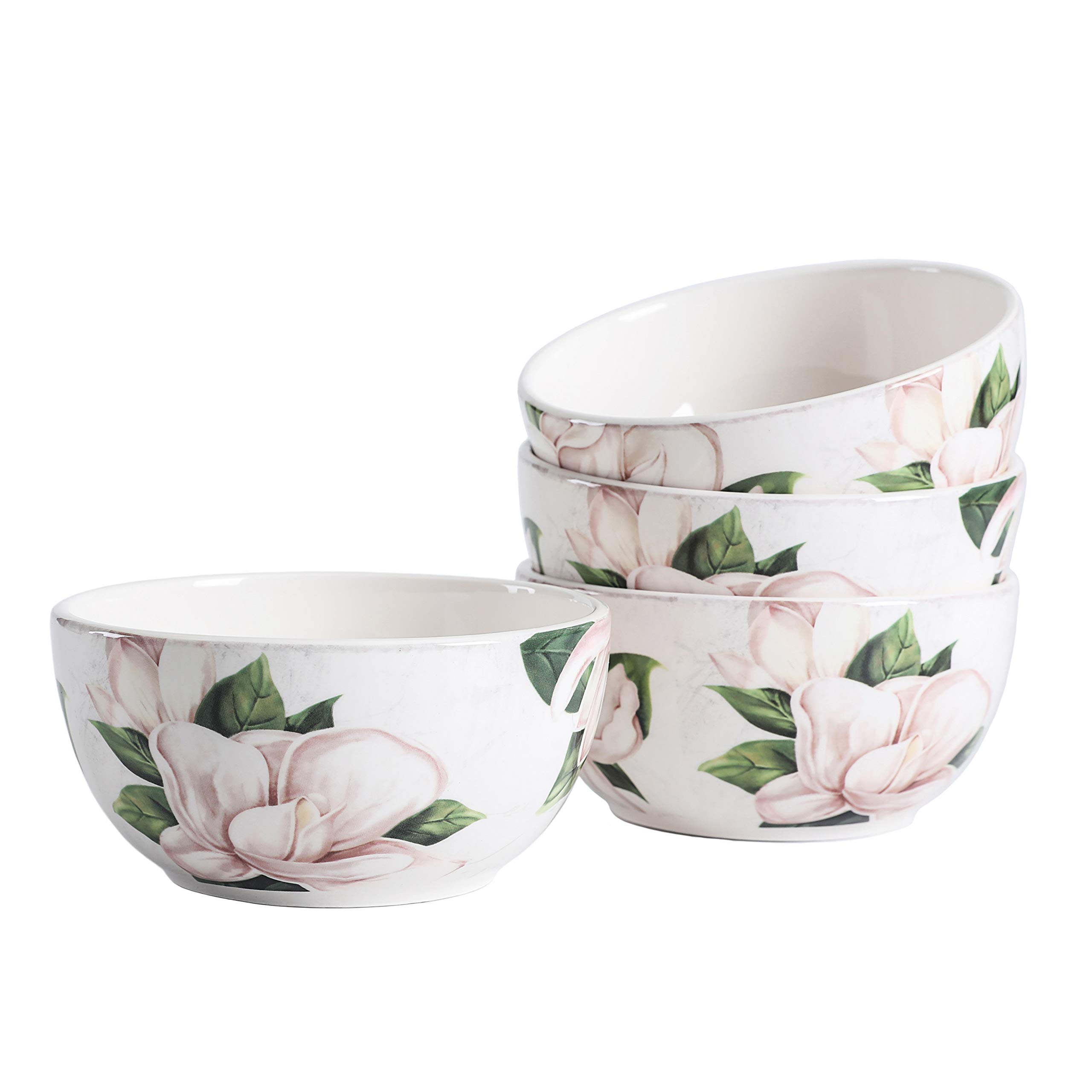 Bico Magnolia Floral Ceramic Bowls Set of 4, 26oz, for Pasta, Salad, Cereal, Soup & Microwave & Dishwasher Safe